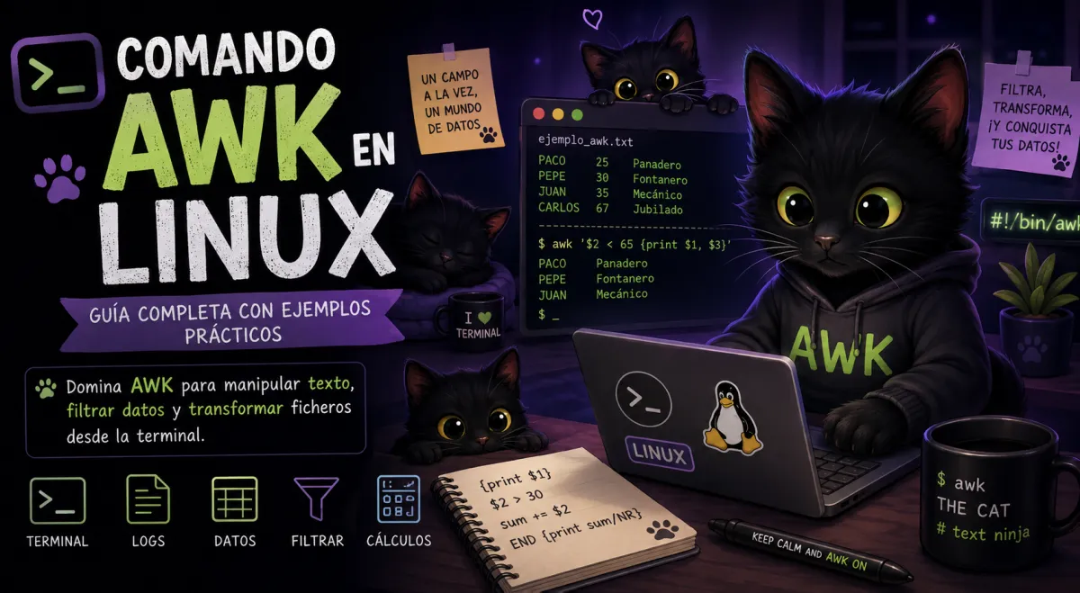 Usa el comand awk para manipular texto y filtrar datos en linux desde la terminal