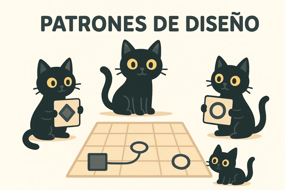 Diagrama con los 23 patrones de diseño del catálogo GoF agrupados por tipo: creacionales, estructurales y de comportamiento.