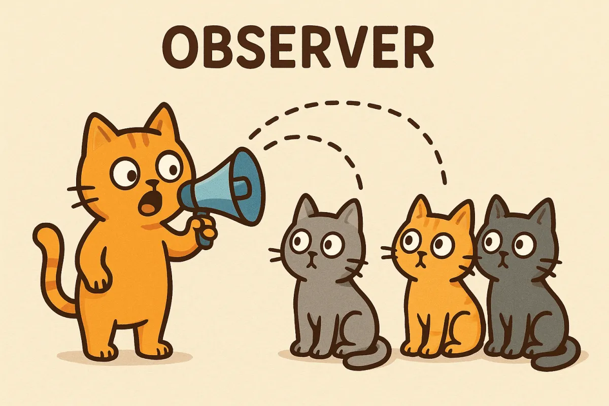 Diagrama del Patrón Observer mostrando un Sujeto que notifica automáticamente a múltiples Observadores cada vez que ocurre un cambio de estado.