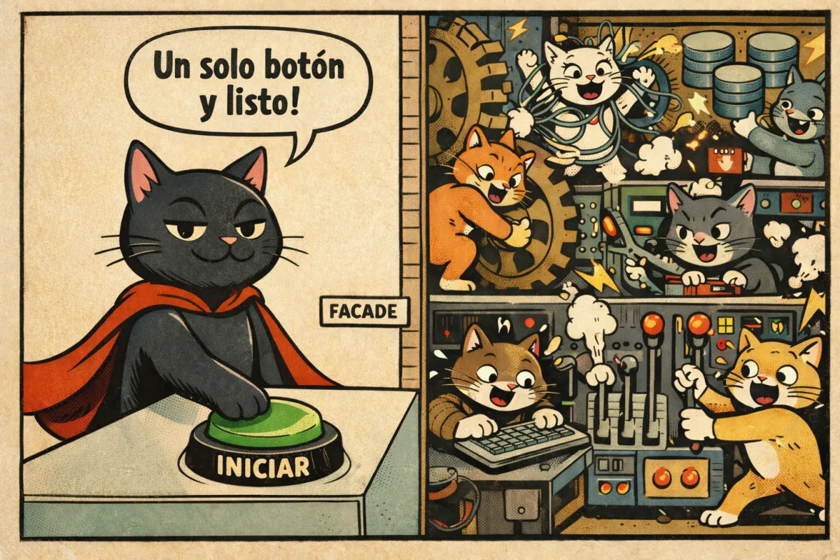 Ilustración de un gato pulsando un único botón mientras detrás de una fachada otros gatos operan maquinaria compleja.