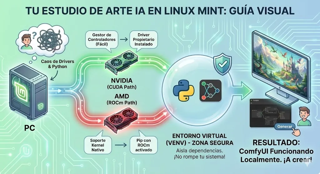 Captura de pantalla de la interfaz de nodos de ComfyUI ejecutándose en un escritorio Linux Mint con el menú de inicio abierto.