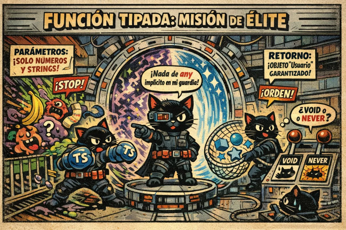 Logo de TypeScript sobre fondo azul con código.