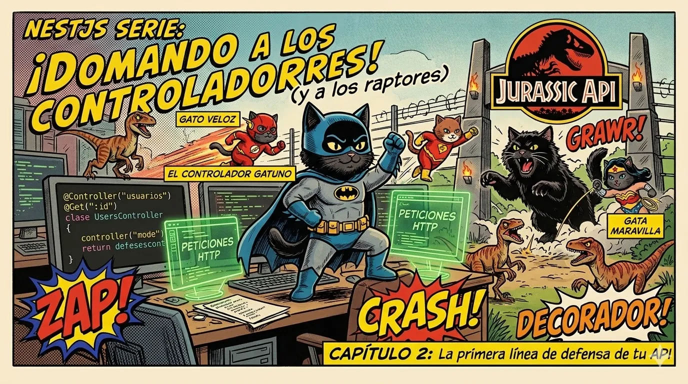 Diagrama de rutas HTTP llegando a un controller de NestJS con decoradores.