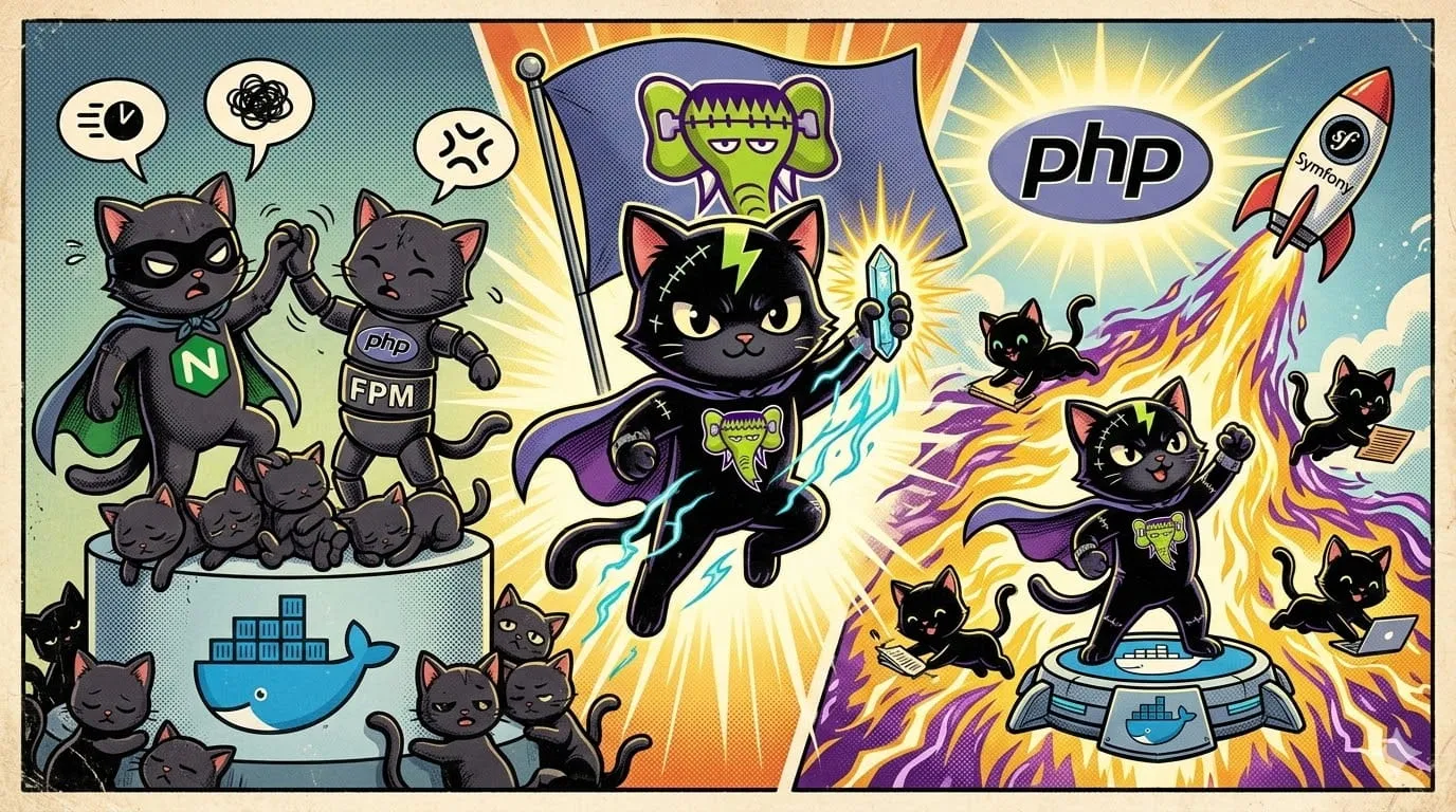 Logo de FrankenPHP sobre fondo oscuro con código PHP.