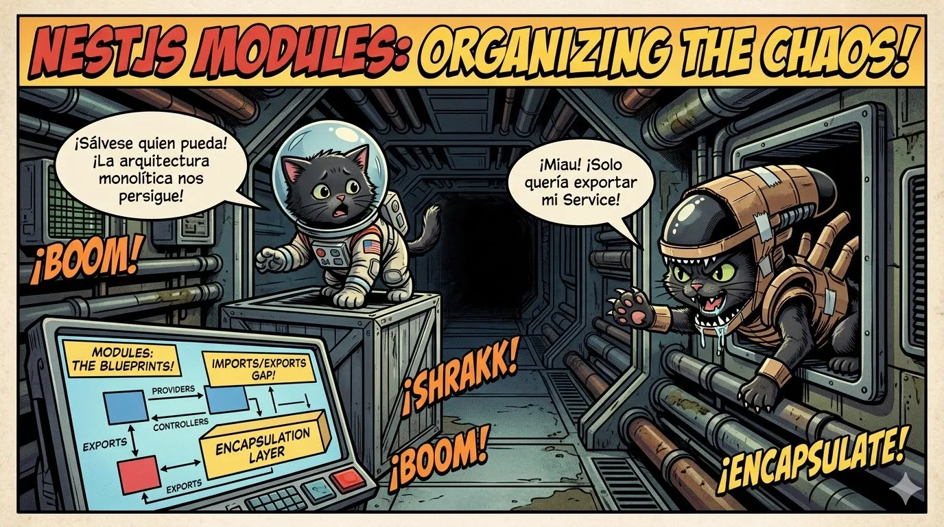 Diagrama de módulos NestJS conectados entre sí formando una arquitectura modular.