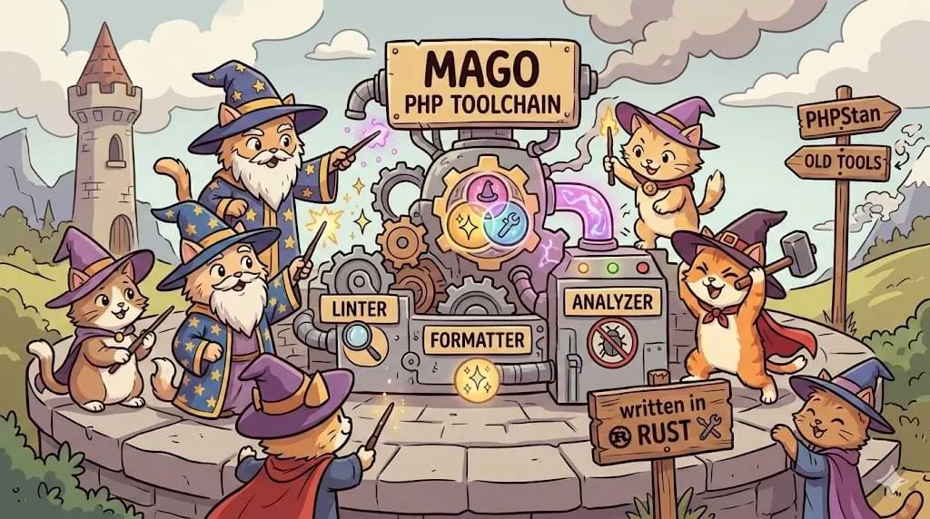 Logo de Mago PHP toolchain sobre fondo oscuro con código PHP.