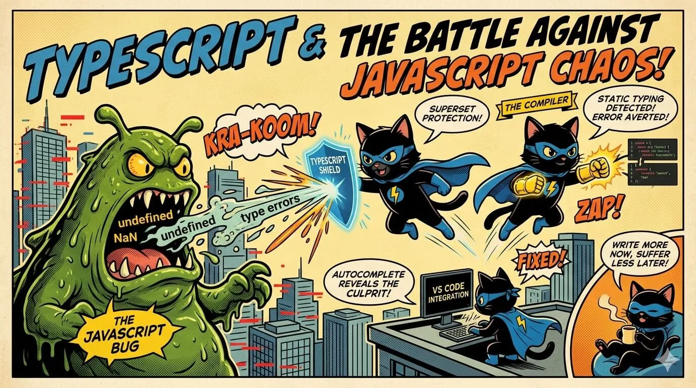 Logo de TypeScript sobre fondo azul con código.