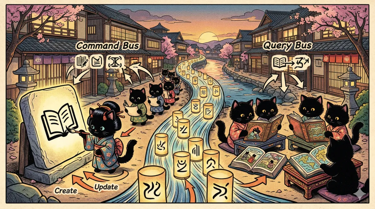 Diagrama de arquitectura CQRS con Command Bus, Query Bus y Event Store en NestJS.