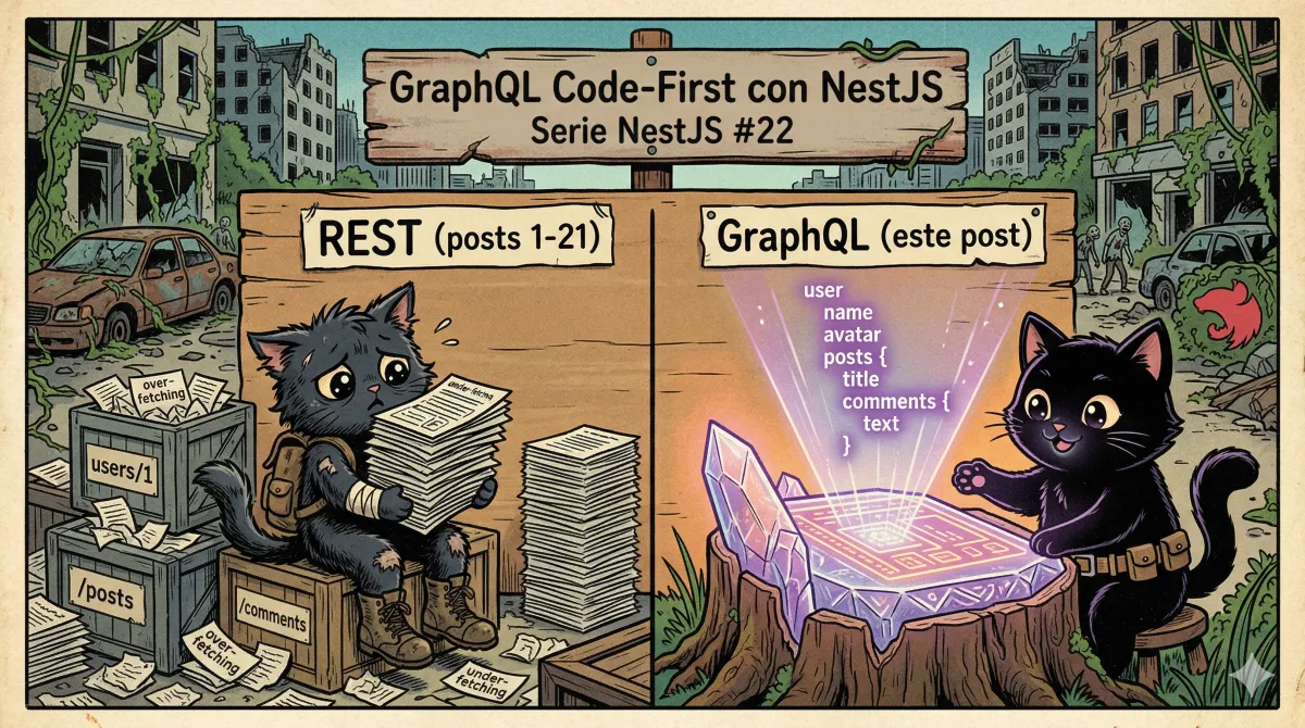 Diagrama de una API GraphQL con resolvers, object types y mutations conectados en NestJS.