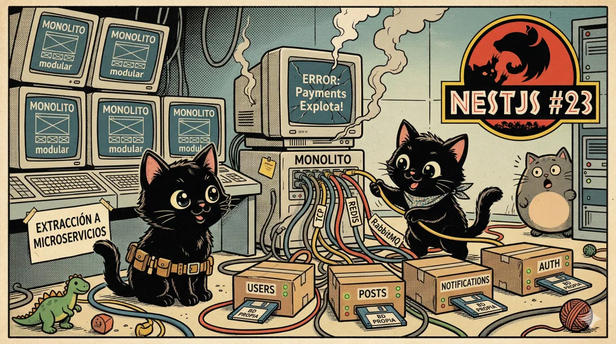 Diagrama de microservicios comunicándose entre sí con diferentes transportes en NestJS.