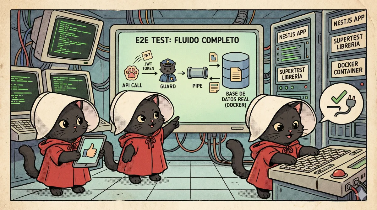 Diagrama de tests E2E recorriendo el flujo completo HTTP → Controller → Service → BD real en NestJS con Supertest.