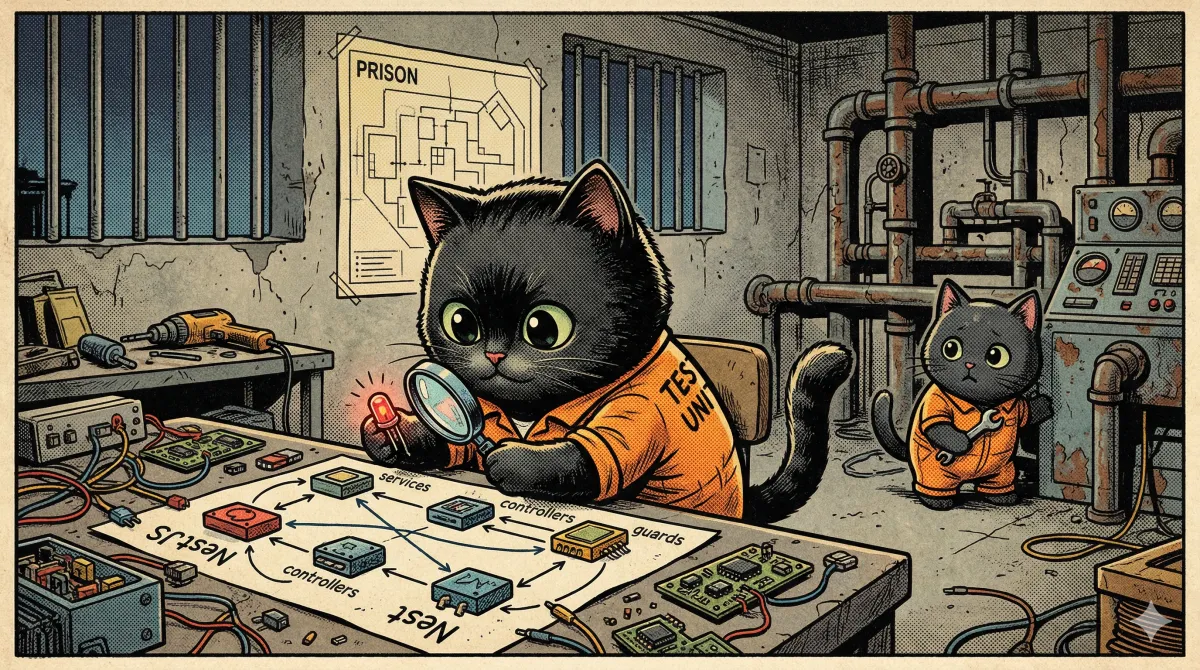 Diagrama de tests unitarios aislados en NestJS con Jest verificando cada pieza del pipeline de forma independiente.