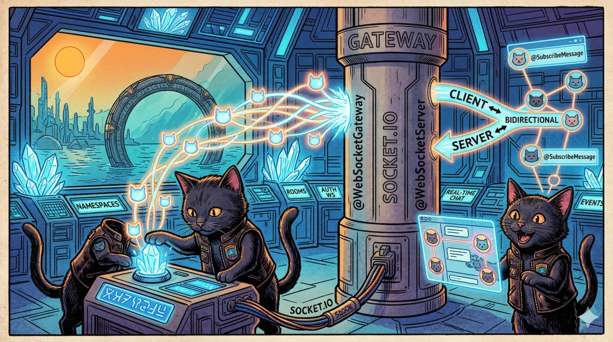 Diagrama de conexiones WebSocket bidireccionales entre clientes y un Gateway NestJS con Socket.IO.