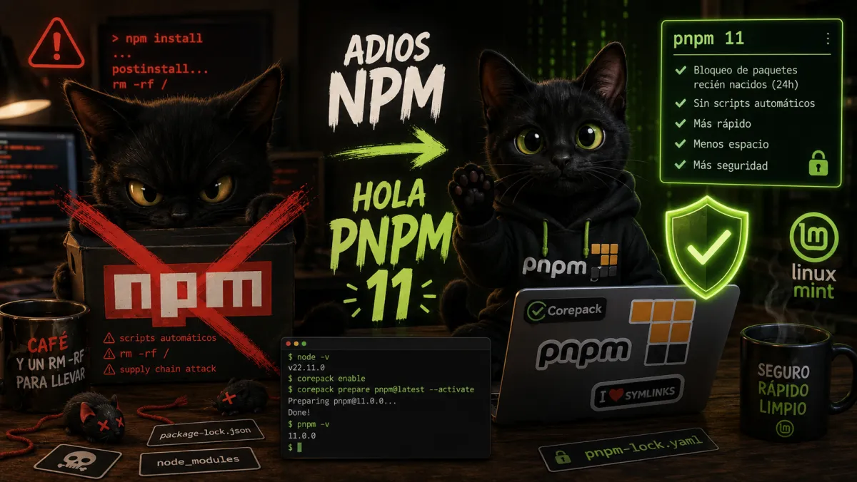 NPM tachado y PNPM como gestor de paquetes seguro en Linux Mint.