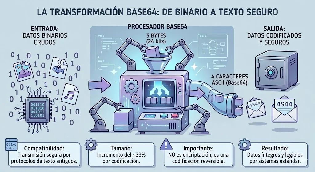 Diagrama mostrando la conversión de 3 bytes binarios a 4 caracteres ASCII en Base64.
