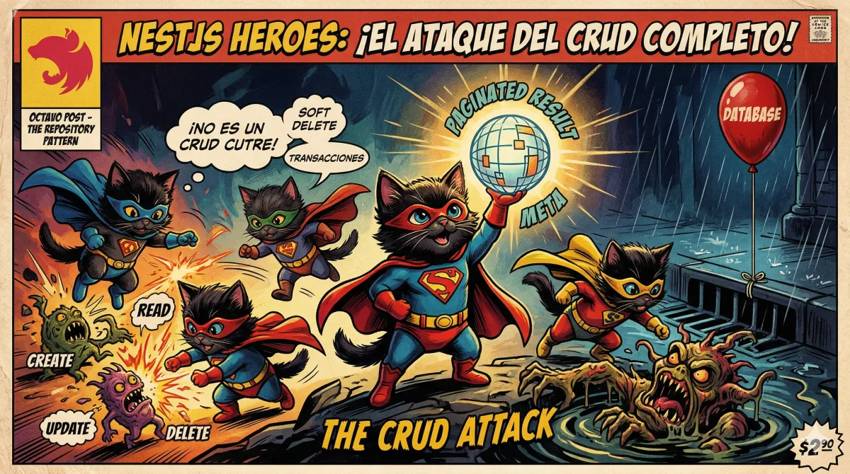 Diagrama del flujo CRUD completo en NestJS con Repository Pattern conectado a PostgreSQL.