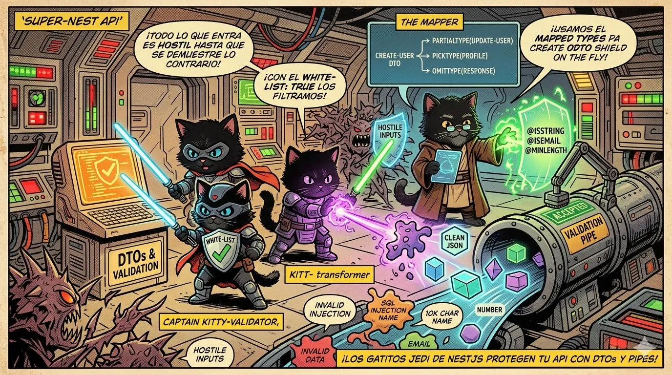 Escudo protegiendo una API NestJS representando la validación de datos de entrada con Pipes y DTOs.