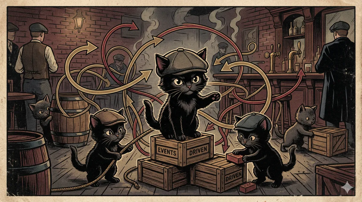 Diagrama de eventos fluyendo entre módulos desacoplados en NestJS con flechas de pub/sub.