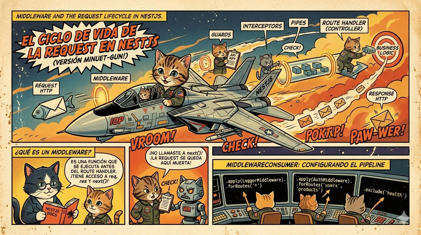 Diagrama del ciclo de vida de una request en NestJS mostrando el pipeline desde Middleware hasta el Response.