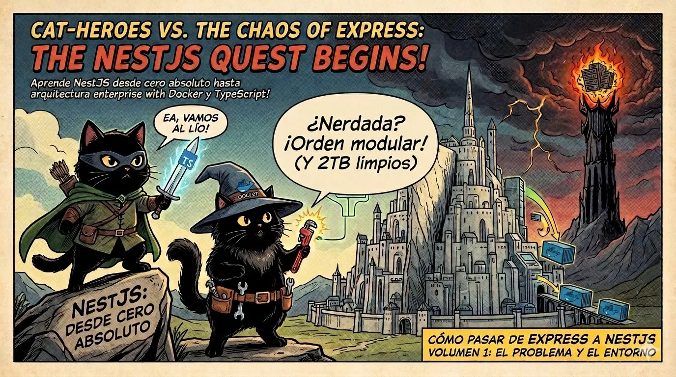 Logo de NestJS sobre fondo rojo oscuro con un contenedor Docker al lado.