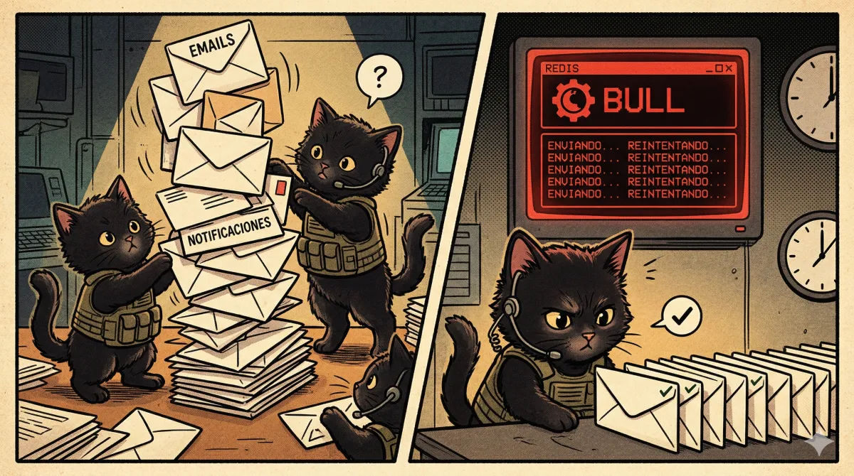 Diagrama de colas de trabajo con Bull y Redis procesando jobs en background en NestJS.