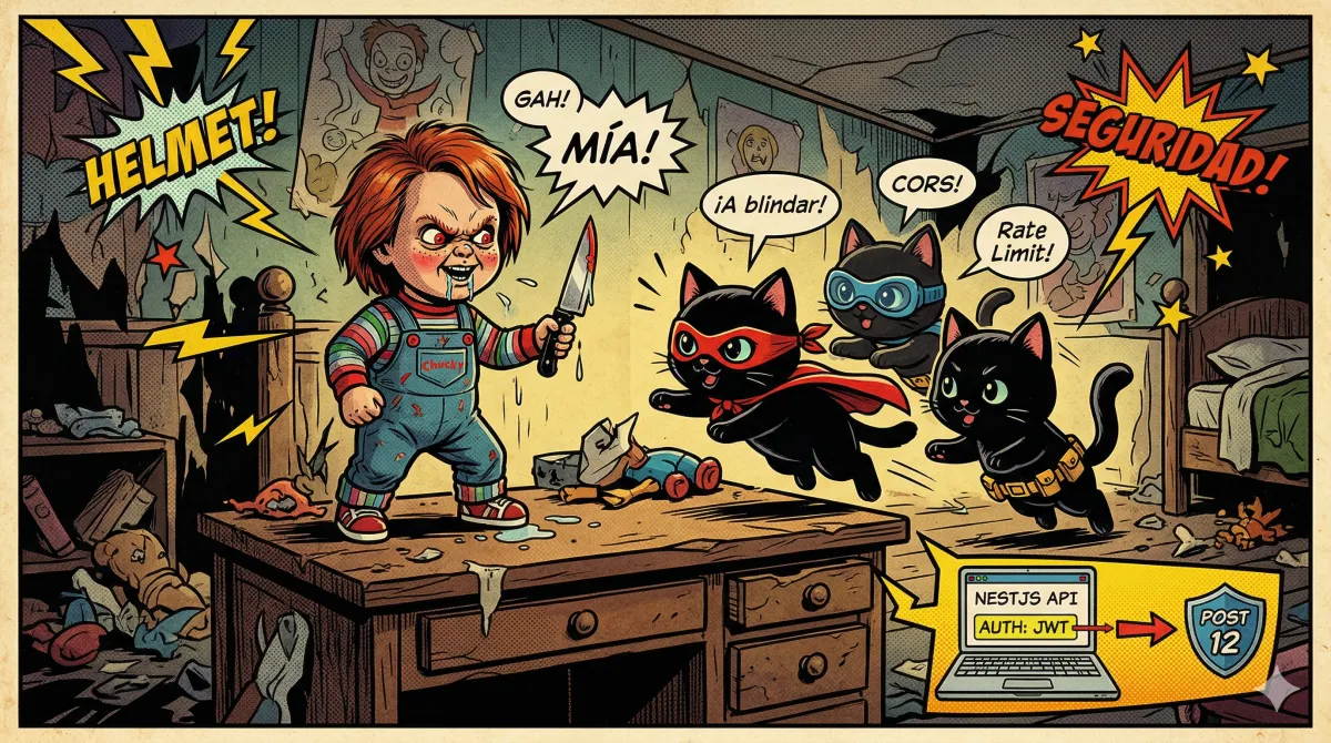 Muro de fuego protegiendo una API NestJS contra ataques externos con Helmet, CORS y rate limiting.