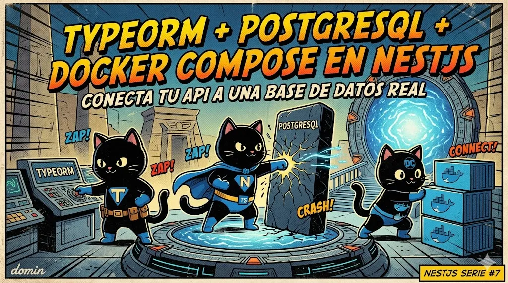 Diagrama de NestJS conectado a PostgreSQL mediante TypeORM dentro de un entorno Docker Compose.