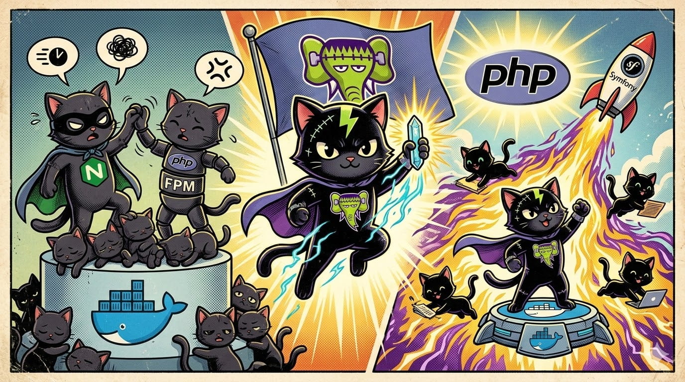 Logo de FrankenPHP sobre fondo oscuro con código PHP.