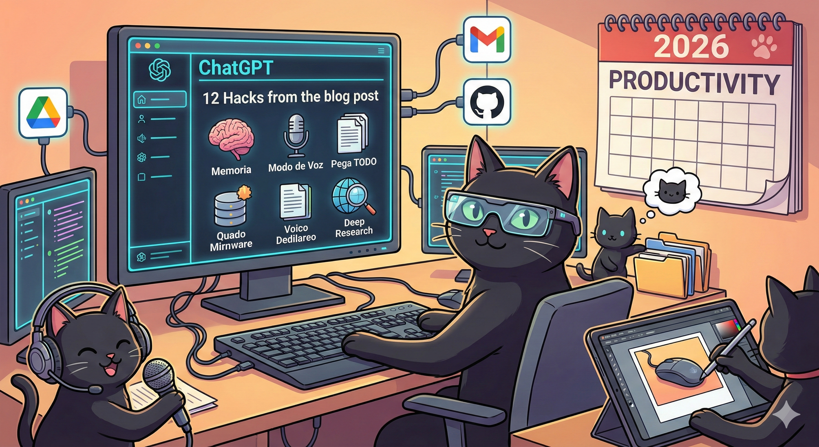 Concepto visual de productividad con inteligencia artificial mostrando una interfaz cerebral conectada a herramientas digitales.