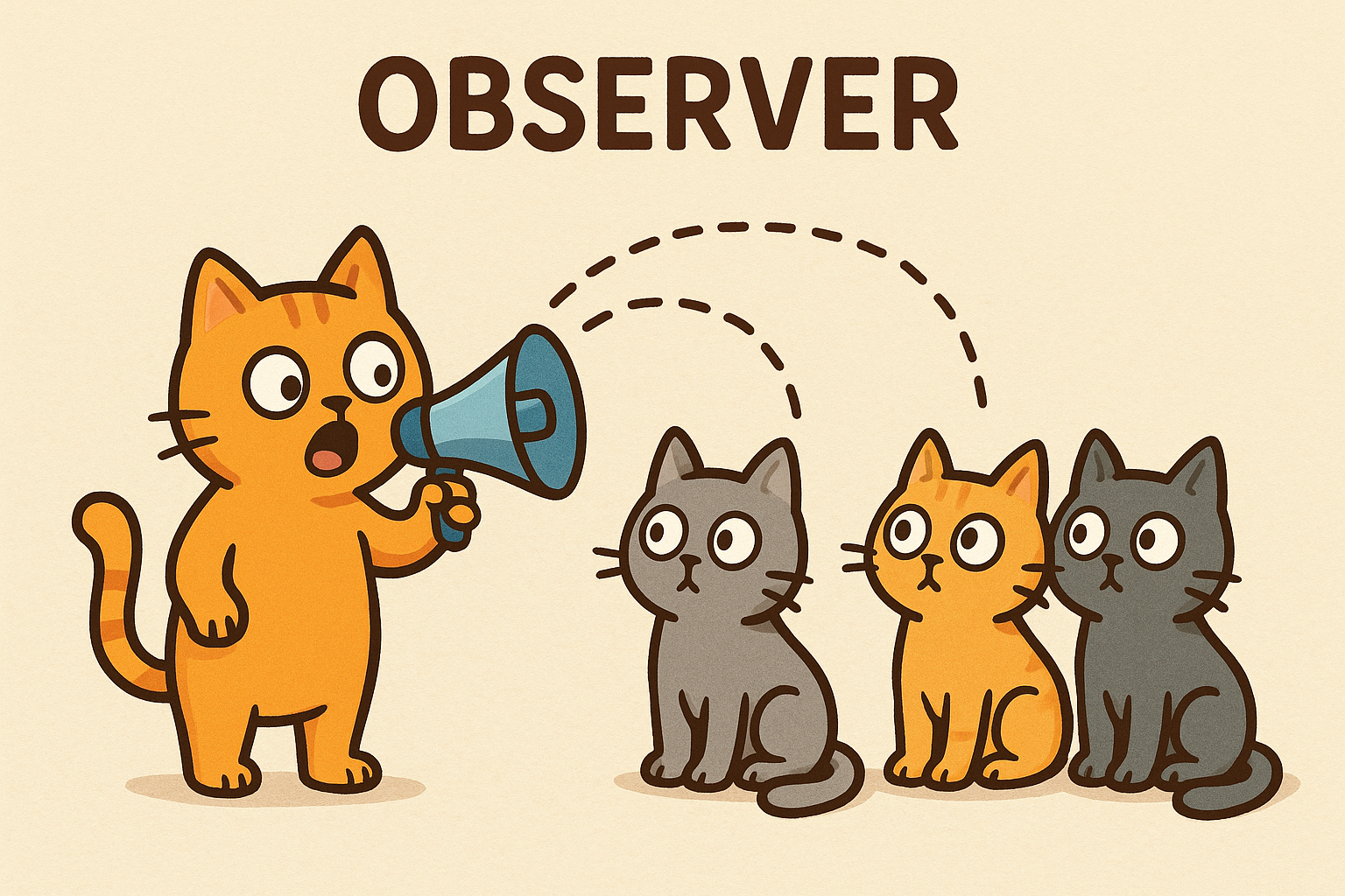 Diagrama del Patrón Observer mostrando un Sujeto que notifica automáticamente a múltiples Observadores cada vez que ocurre un cambio de estado.