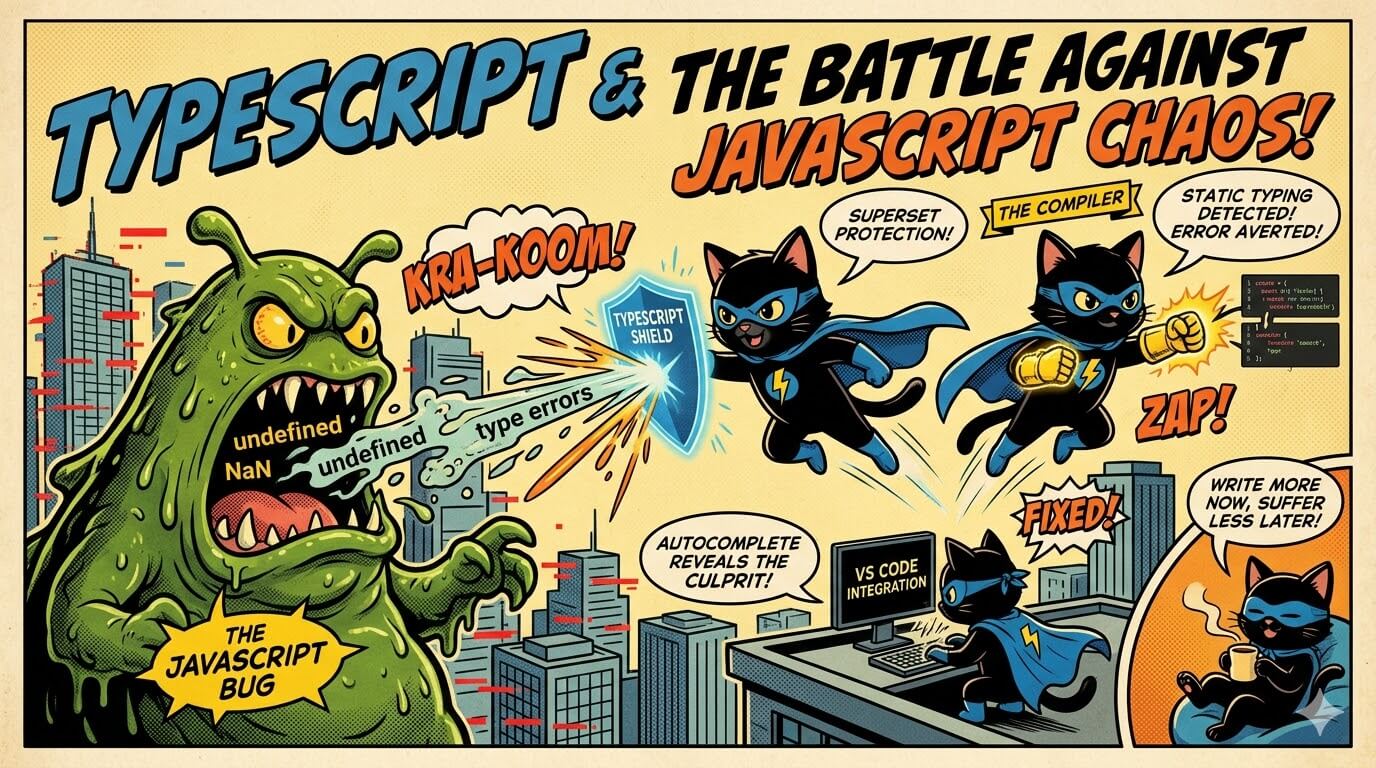 Logo de TypeScript sobre fondo azul con código.